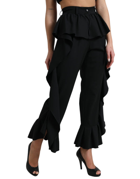 Elegant High Waist Ruffled Black Pants