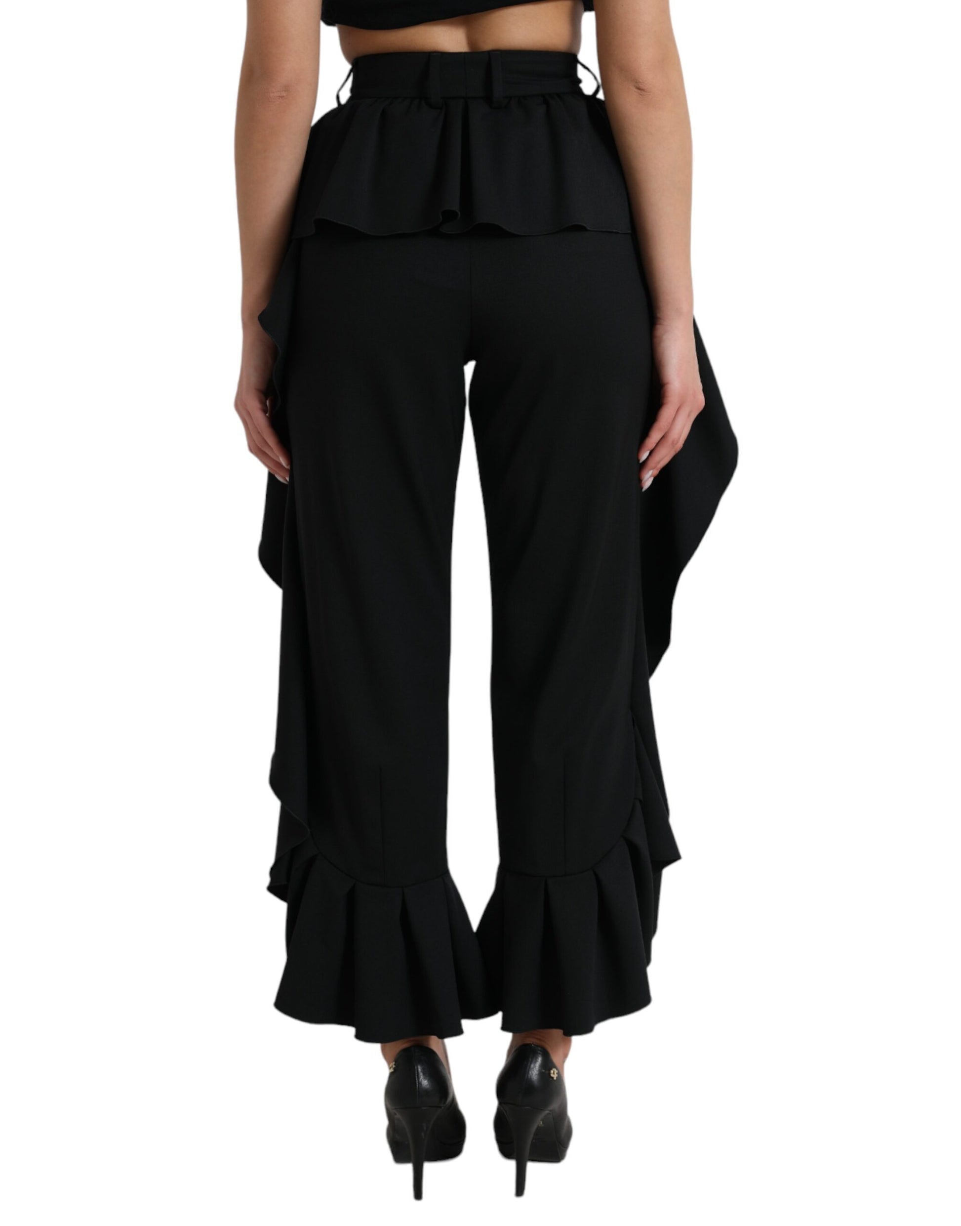 Elegant High Waist Ruffled Black Pants