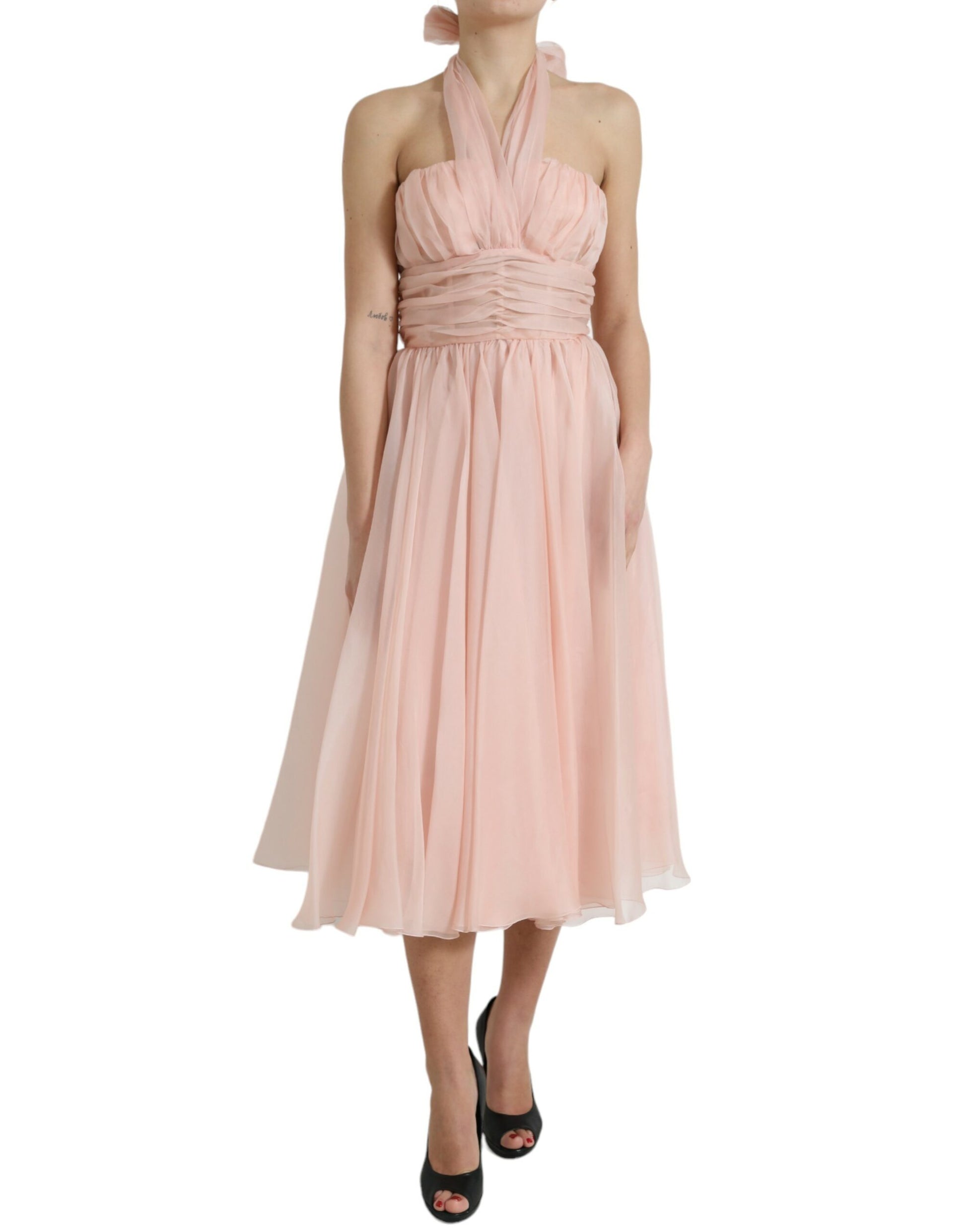 Elegant Silk Chiffon Halter Midi Dress