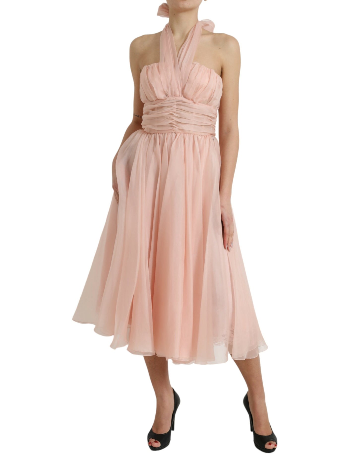 Elegant Silk Chiffon Halter Midi Dress