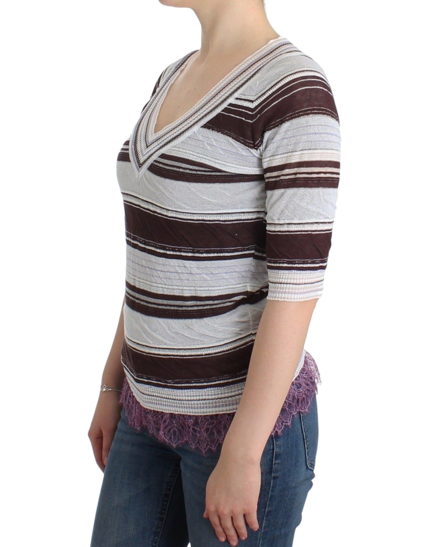 Striped V-Neck Knit Top with Lace Hem