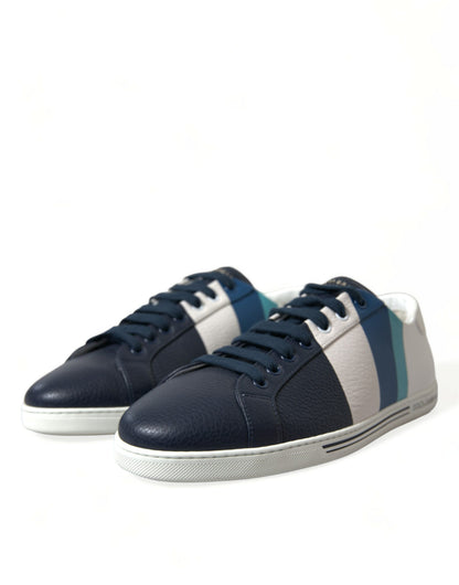 Chic White and Blue Leather Low-Top Sneakers