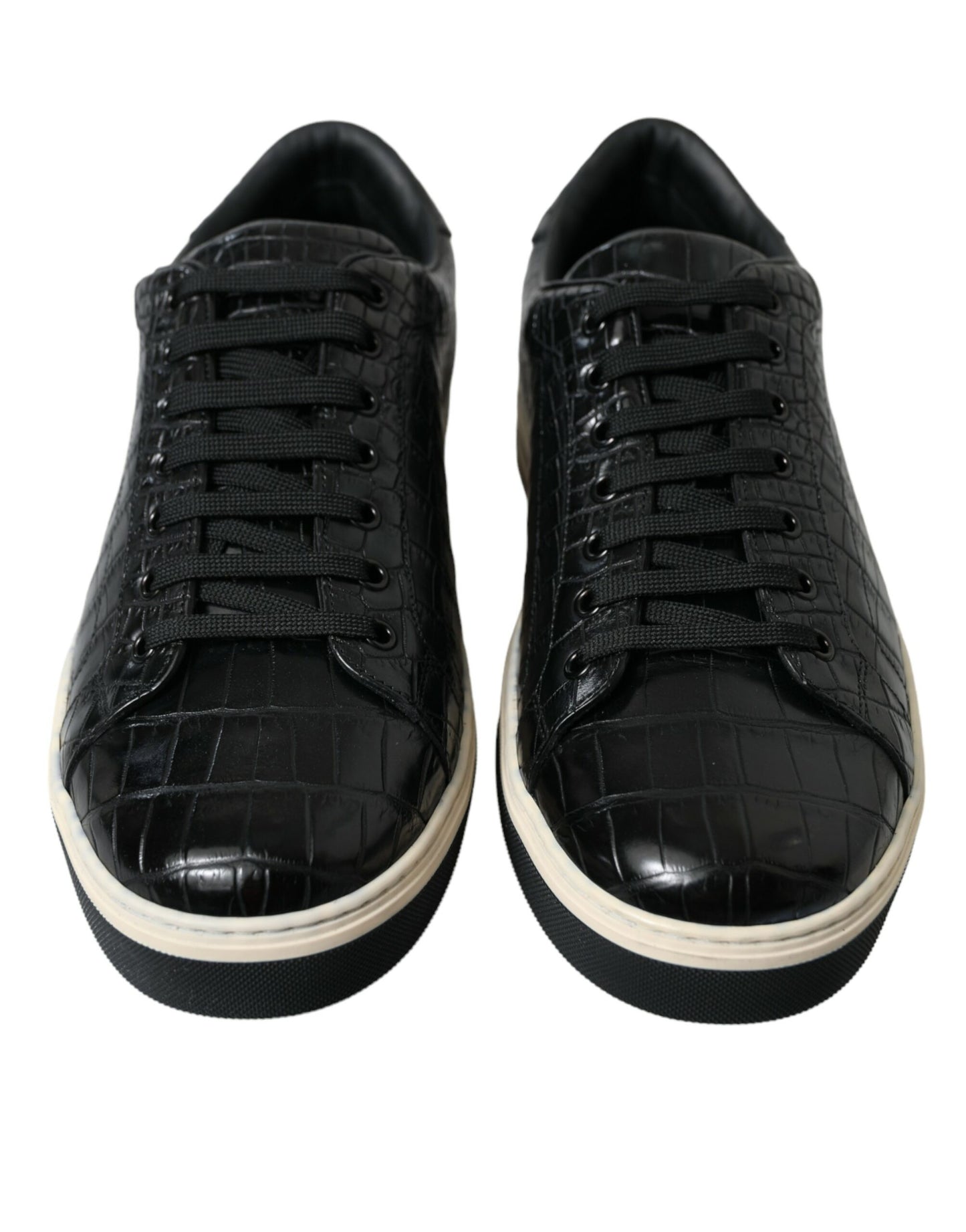 Elegant Black Crocodile Leather Low-Top Sneakers