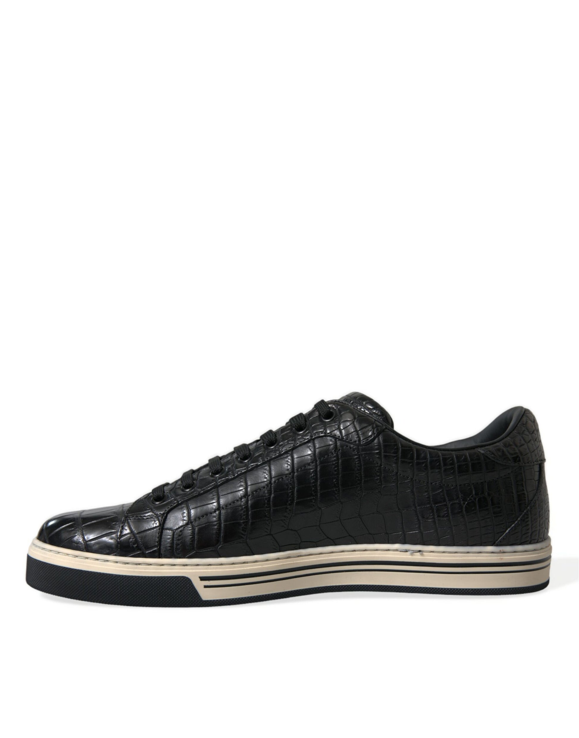 Elegant Black Crocodile Leather Low-Top Sneakers