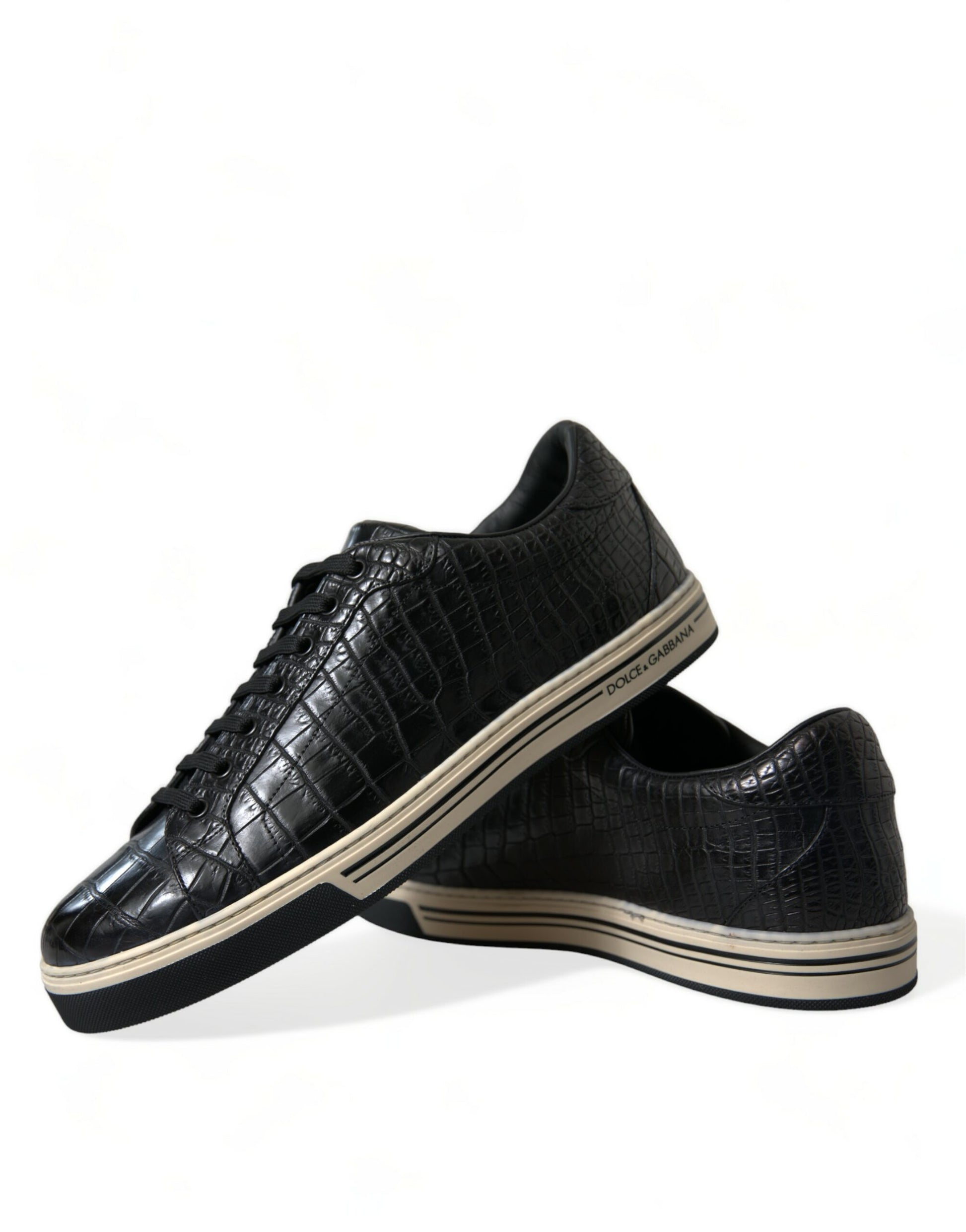 Elegant Black Crocodile Leather Low-Top Sneakers