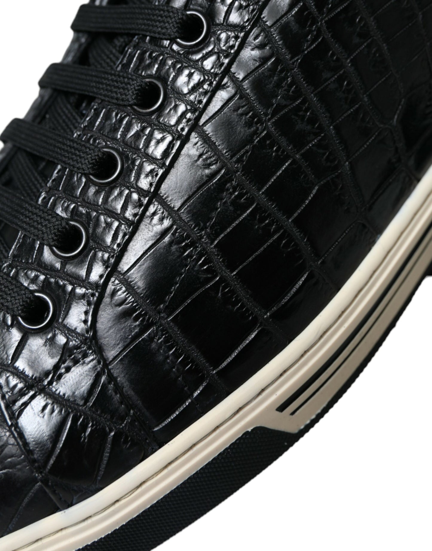 Elegant Black Crocodile Leather Low-Top Sneakers