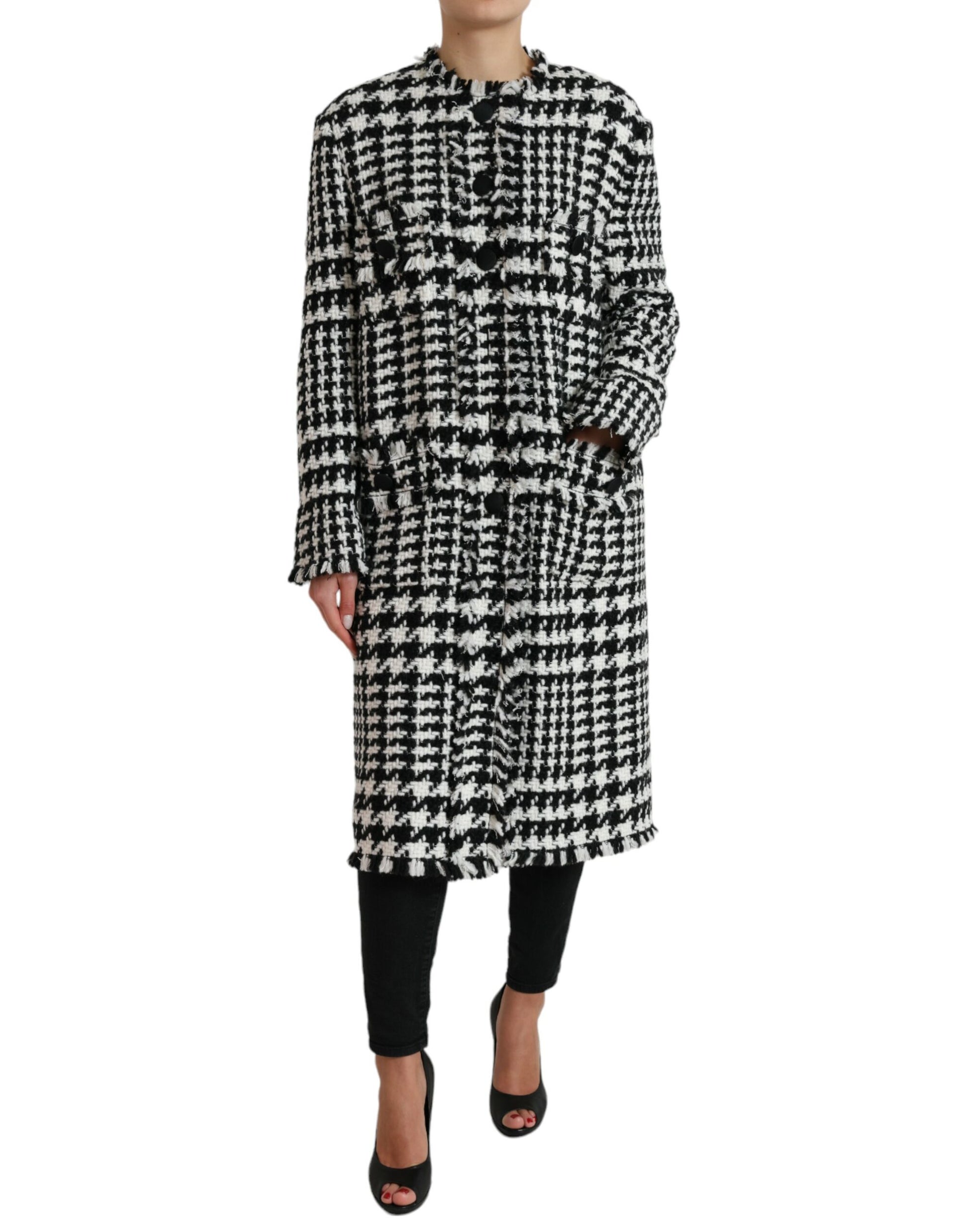 Elegant Houndstooth Long Trench Coat