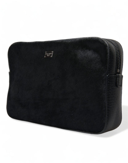 Elegant Black Leather Clutch with Bee Adornments