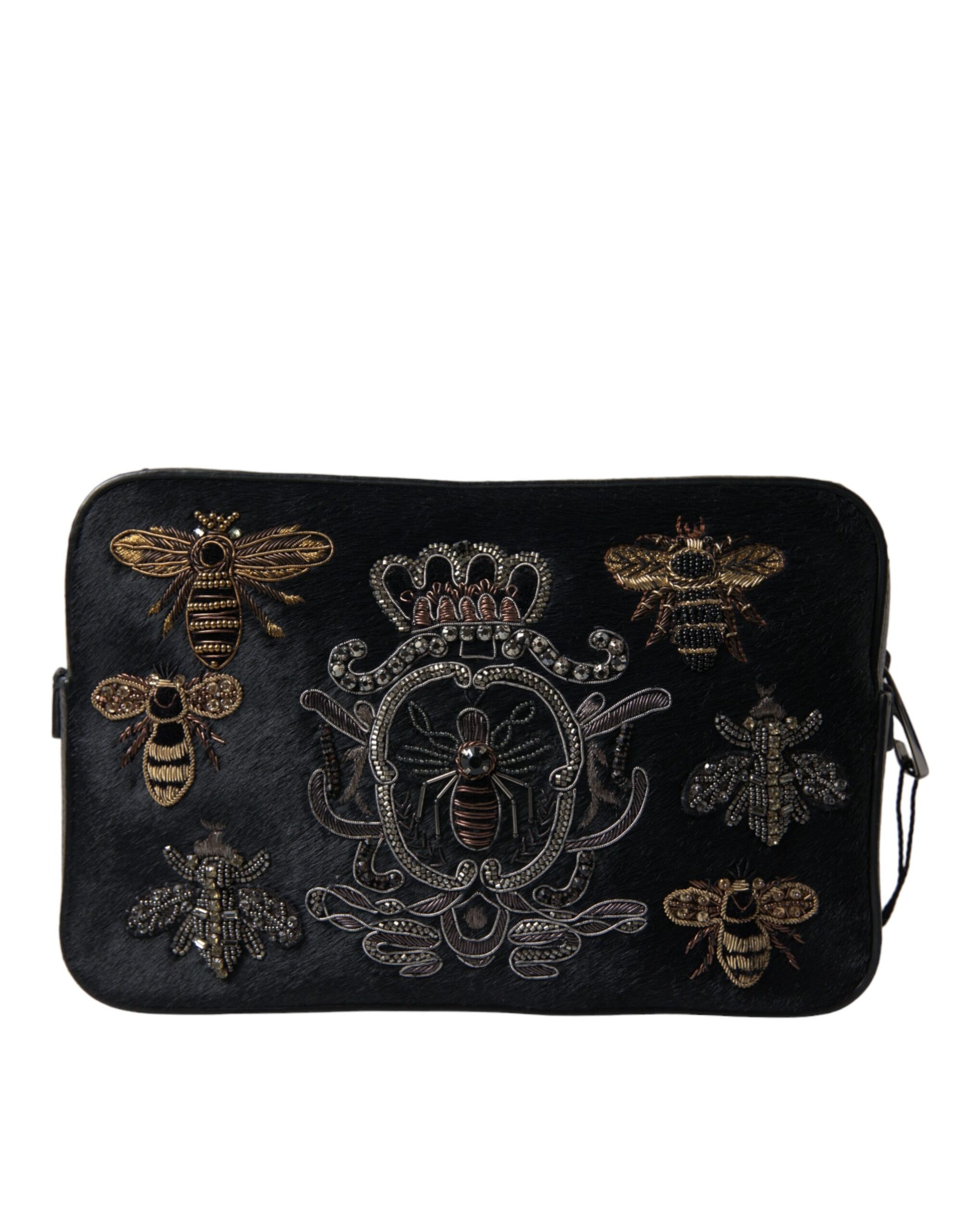 Elegant Black Leather Clutch with Bee Adornments