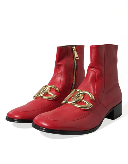 Elegant Red Ankle Leather Boots