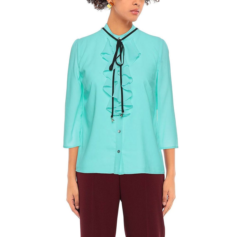 Elegant Light Blue Crepe Blouse with Ruffle Detail