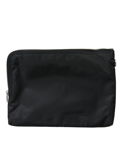 Elegant Black Nylon Clutch with Crown Print