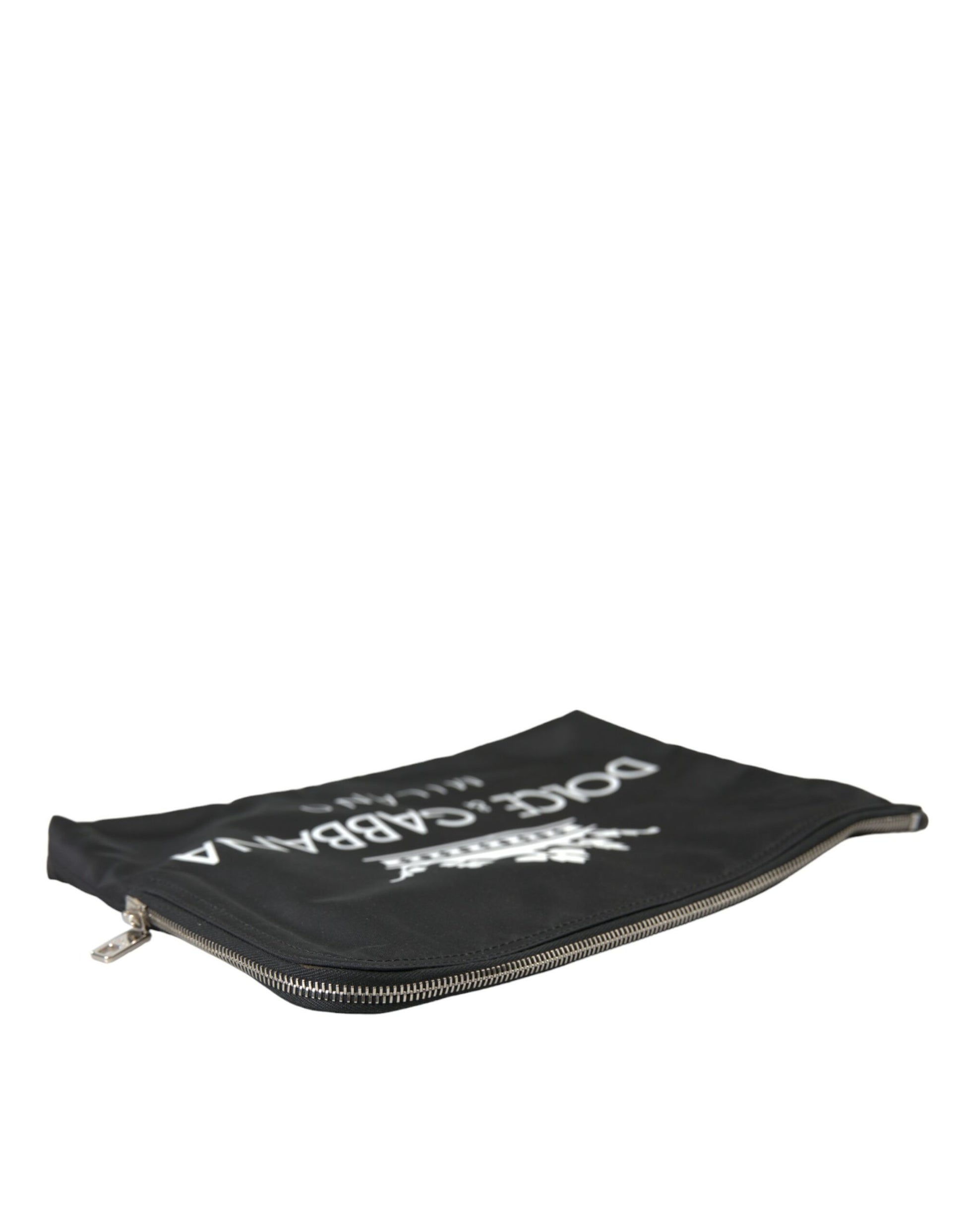 Elegant Black Nylon Clutch with Crown Print