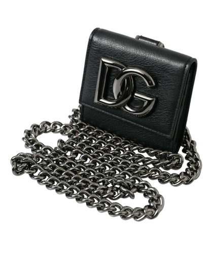 Sleek Lamb Leather Card Holder with Chain Strap