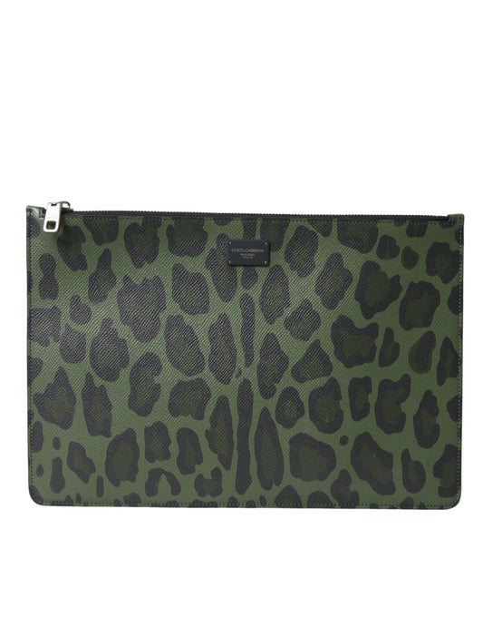 Elegant Green Leopard Print Calf Leather Clutch