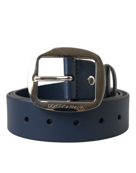 Elegant Blue Calf Leather Belt with Metal Buckle