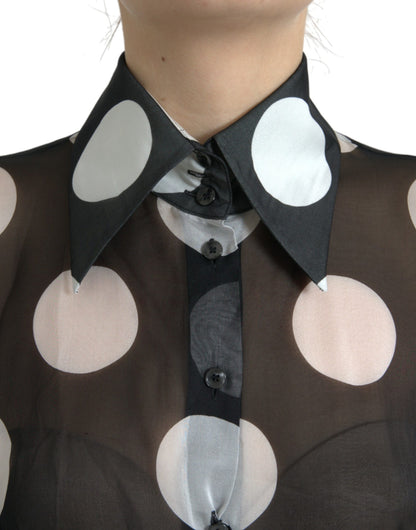 Silk Collared Button-Up Blouse in Black & White