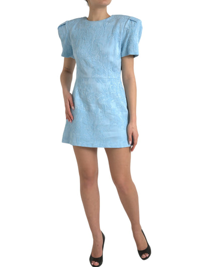 Elegant Sky-Blue Floral Jacquard Mini Dress