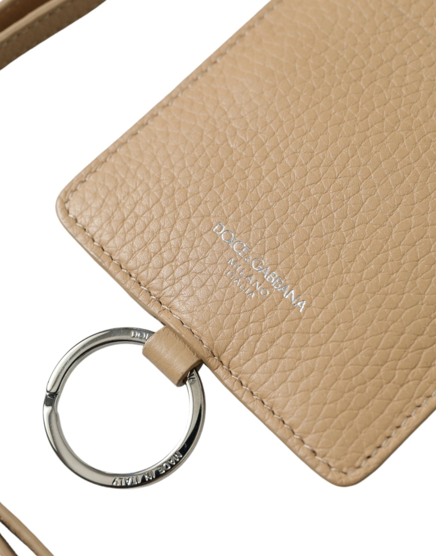 Beige Calf Leather Lanyard Logo Card Holder Wallet