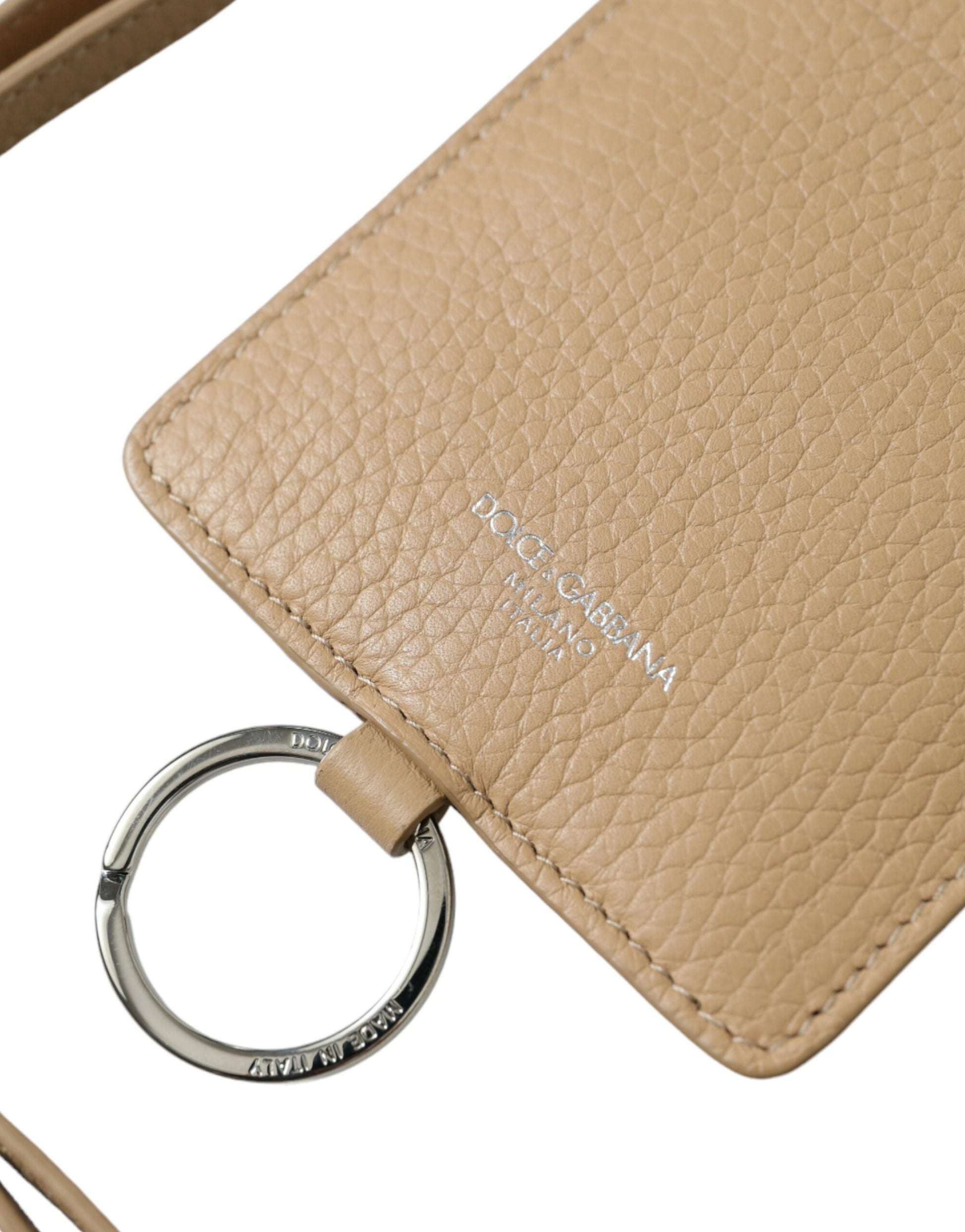 Beige Calf Leather Lanyard Logo Card Holder Wallet