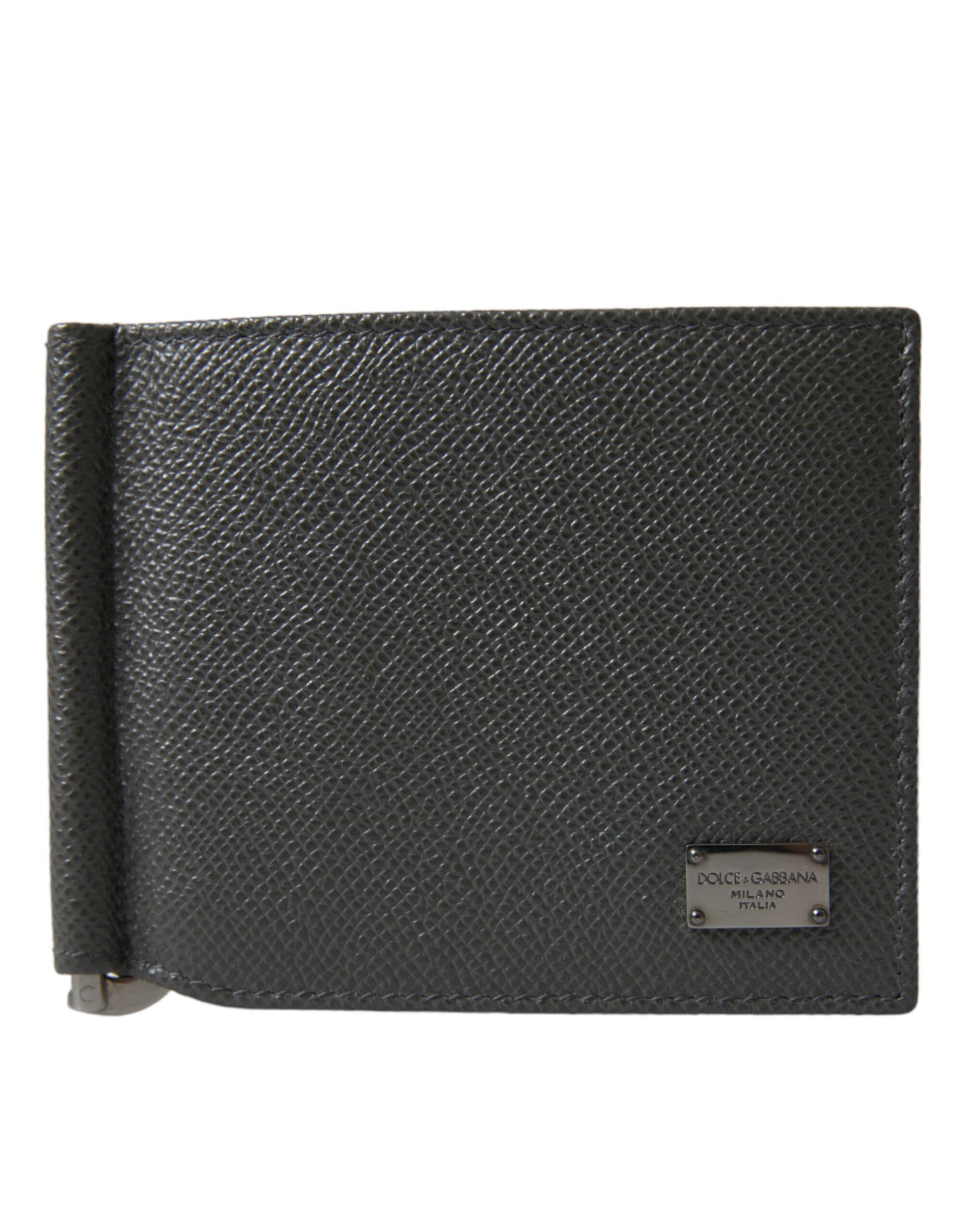 Gray Calf Leather Bifold Logo Plaque Card Holder Wallet