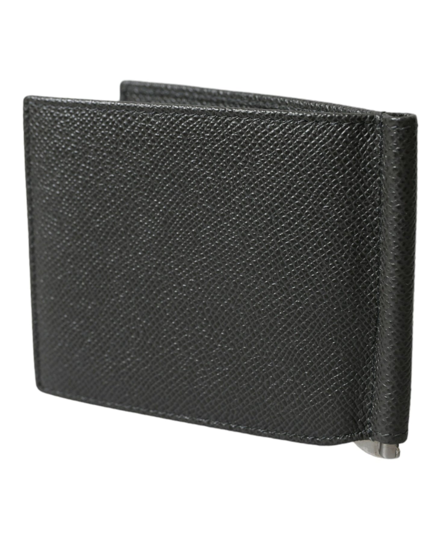 Gray Calf Leather Bifold Logo Plaque Card Holder Wallet