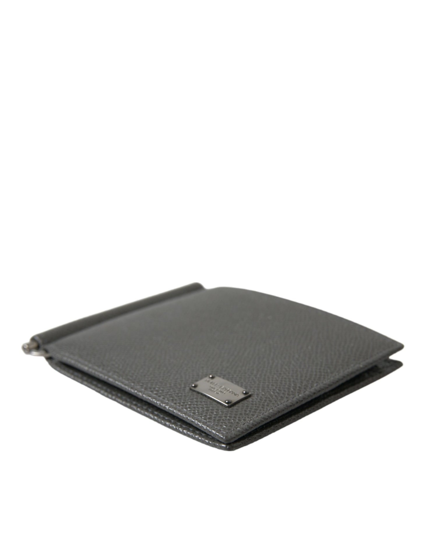 Gray Calf Leather Bifold Logo Plaque Card Holder Wallet