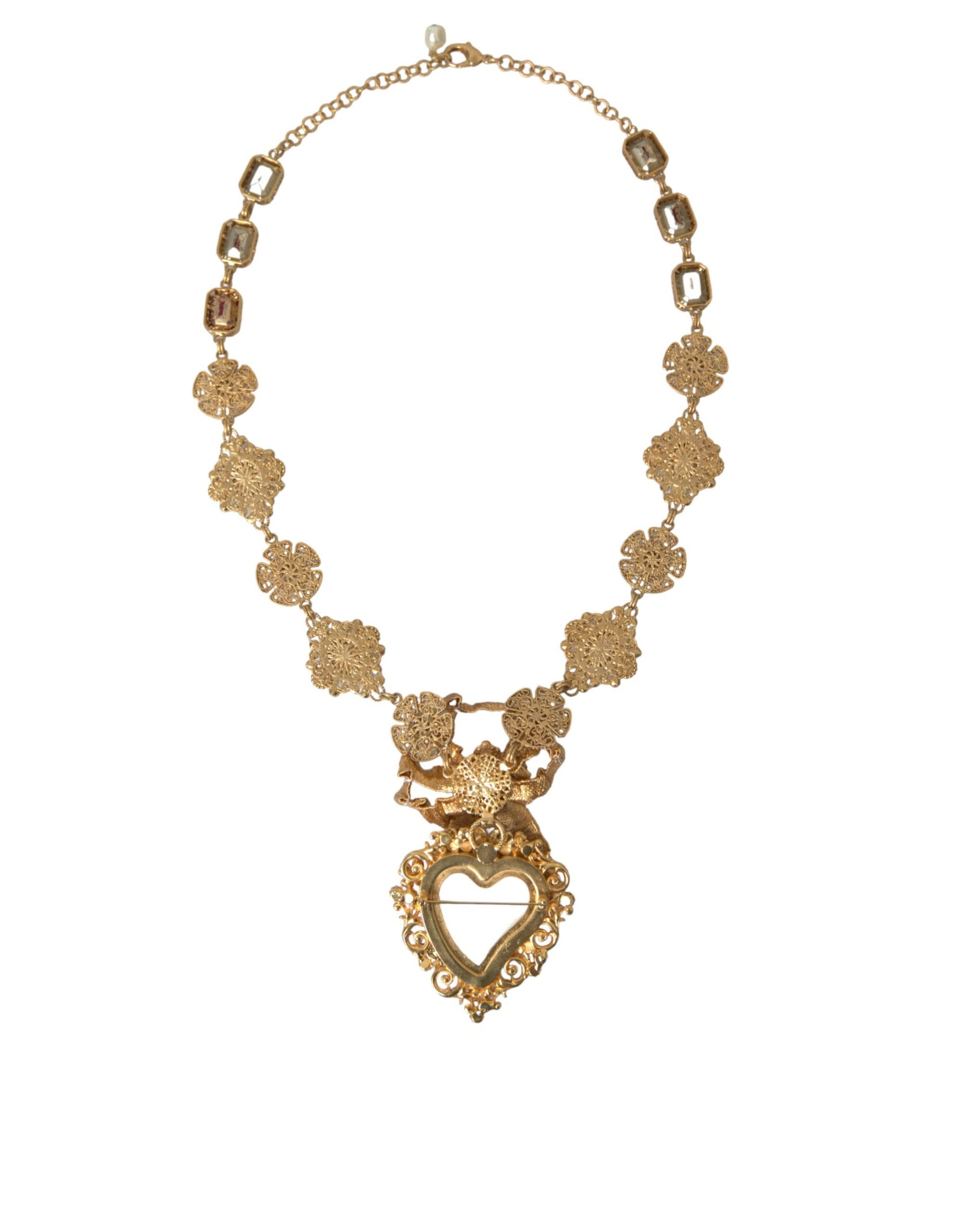 Gold Brass Mama Mary Crystal Pearl Embellished Necklace