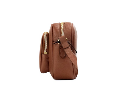 Small Branded Tan Brown Leather Camera Crossbody Bag