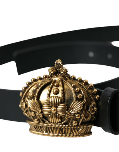 Black Leather Gold Crown Metal Buckle Belt