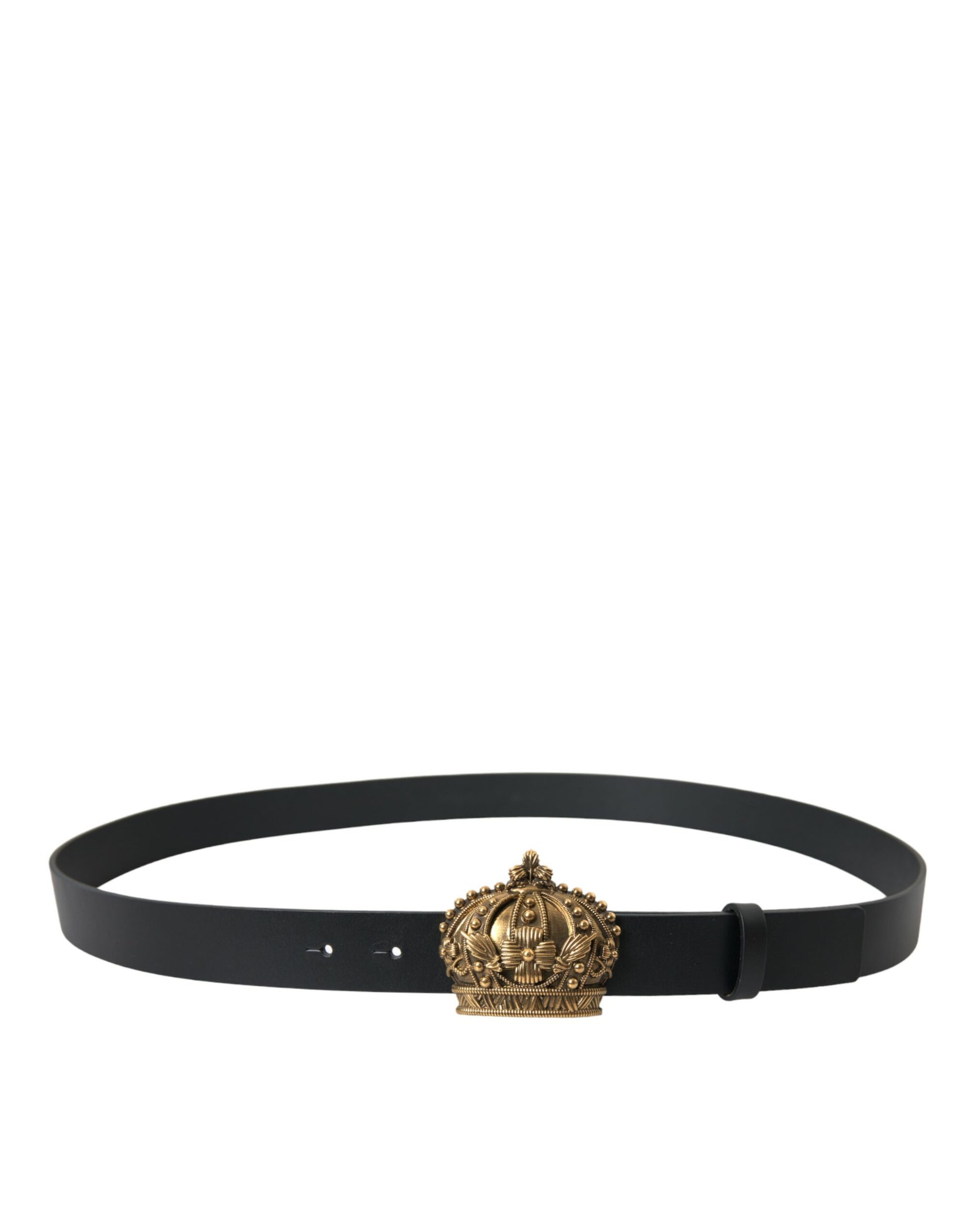 Black Leather Gold Crown Metal Buckle Belt