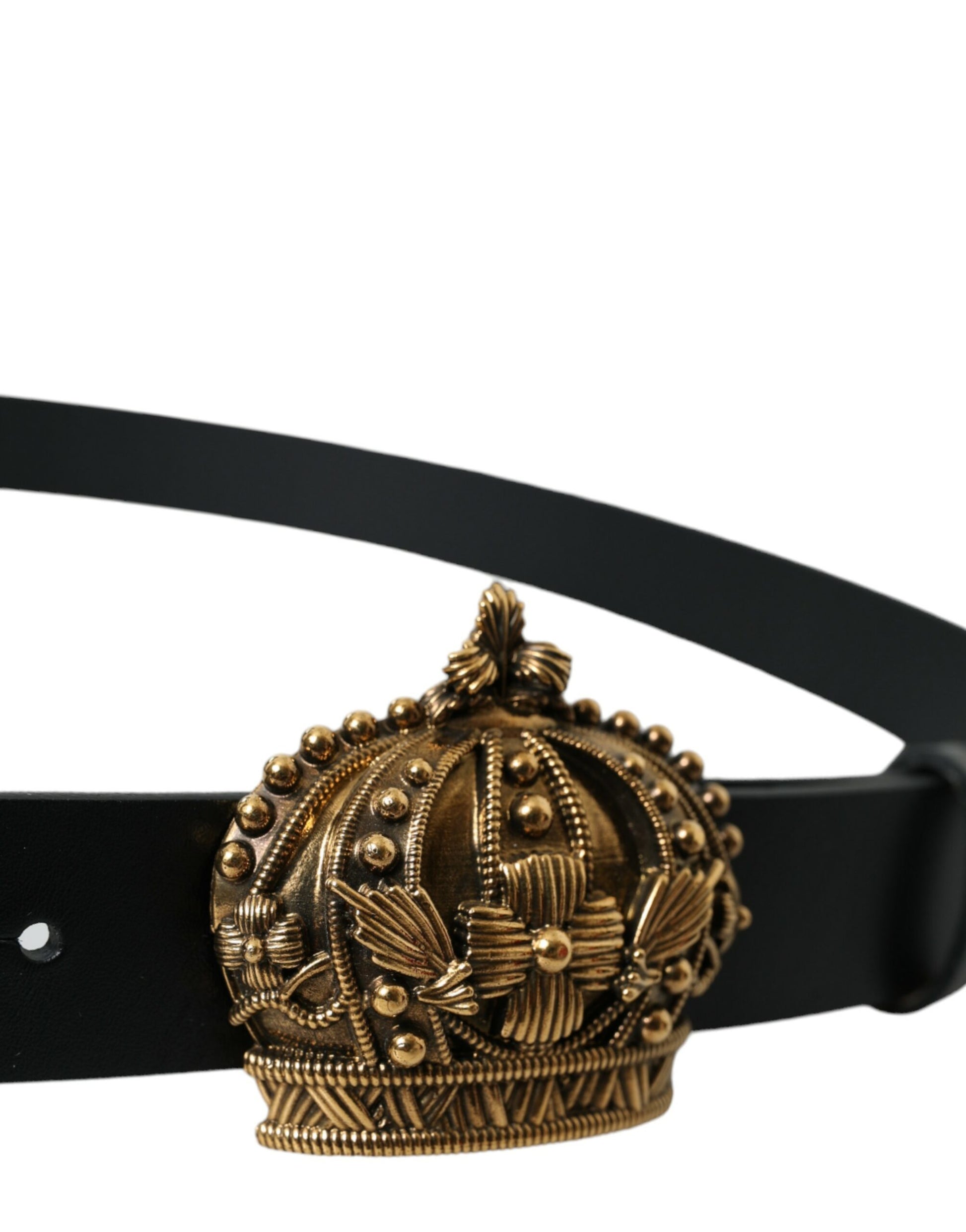 Black Leather Gold Crown Metal Buckle Belt