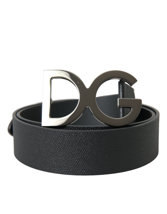 Black Leather Silver Logo Metal Buckle Belt