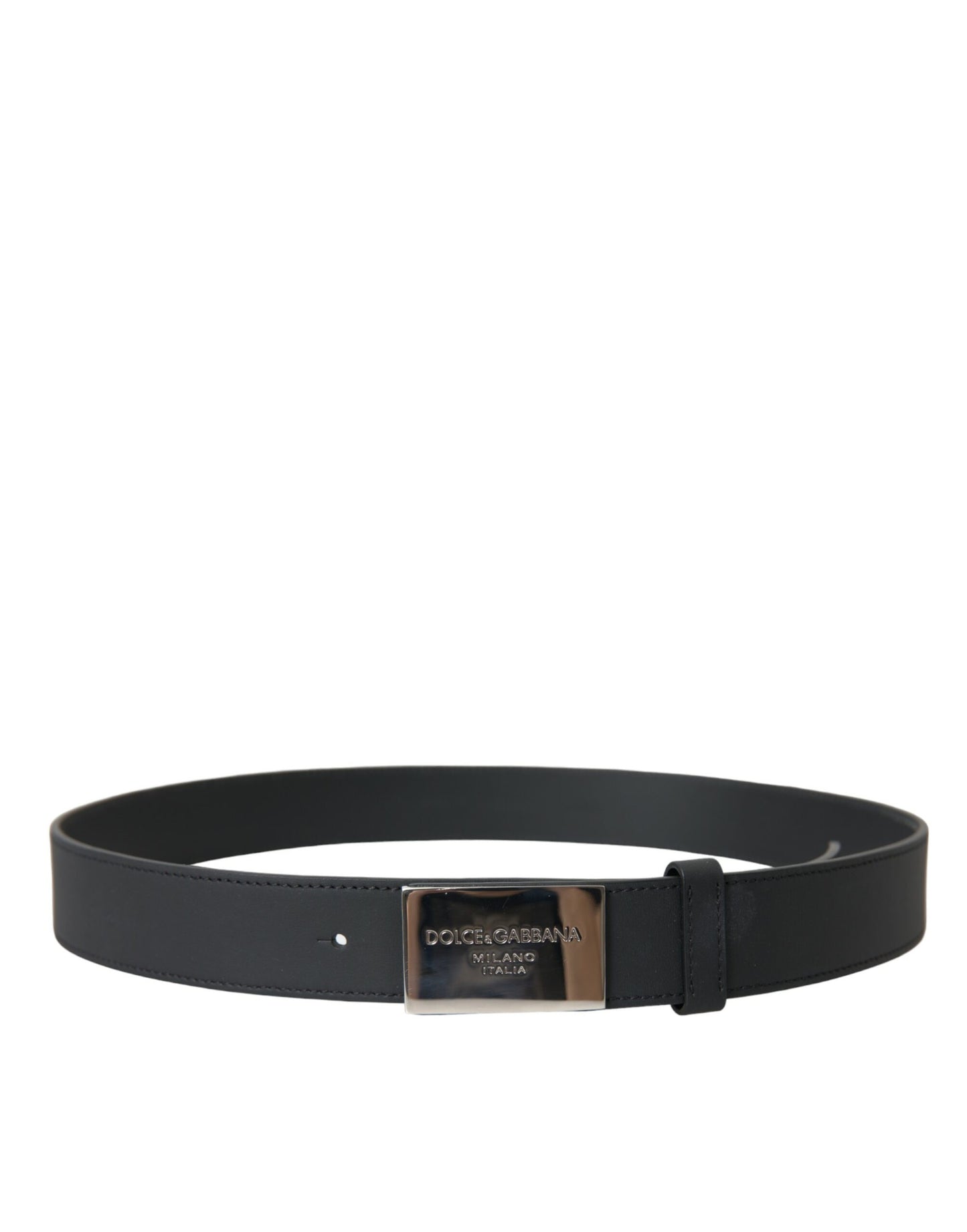 Black Leather Silver Logo Metal Buckle Belt