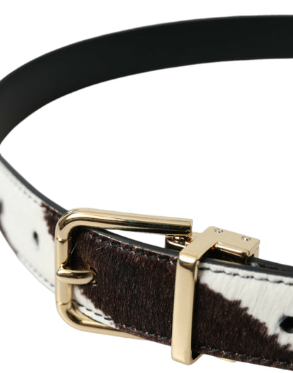 Brown White Zebra Pony Hair Gold Buckle Belt