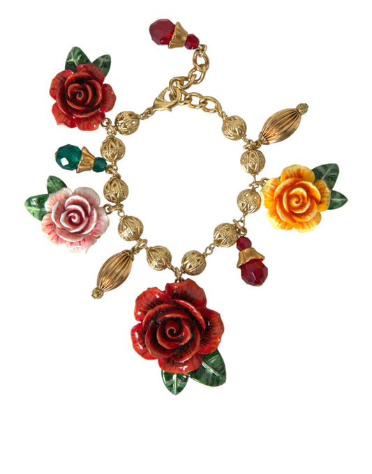 Gold Brass Multicolor Crystal Rose Ball Chain Bracelet