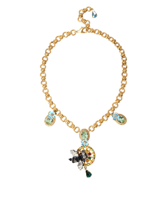 Gold Brass Chain Crystal Bee Pendant Charm Necklace