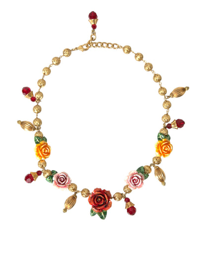 Multicolor Roses Crystals Gold Ball Chain Necklace