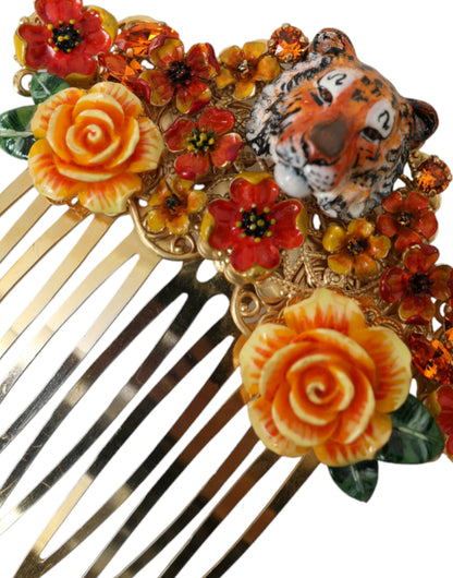 Gold Brass Crystal Leopard Floral Hair Comb