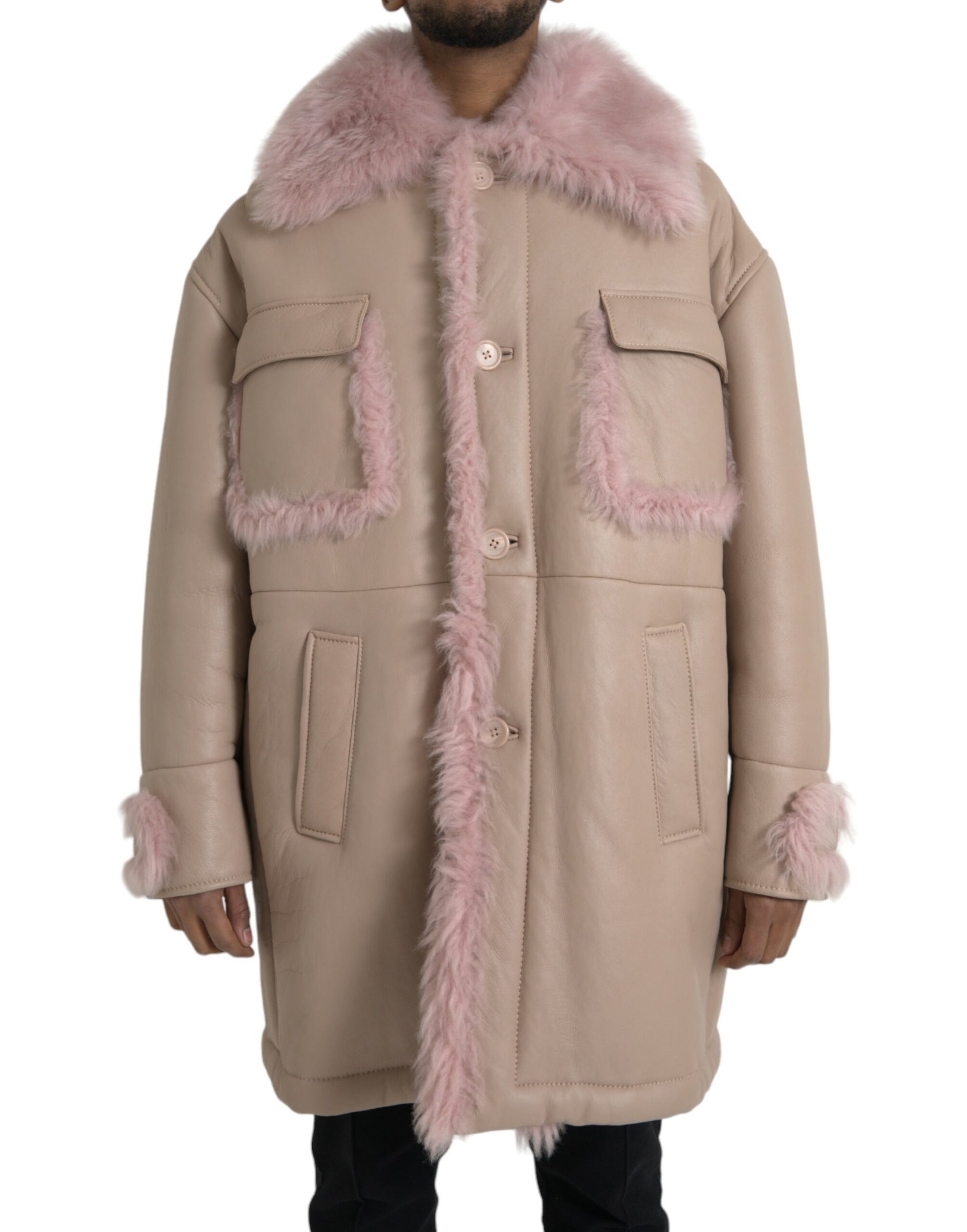 Beige Pink Lamb Leather Shearling Coat Jacket