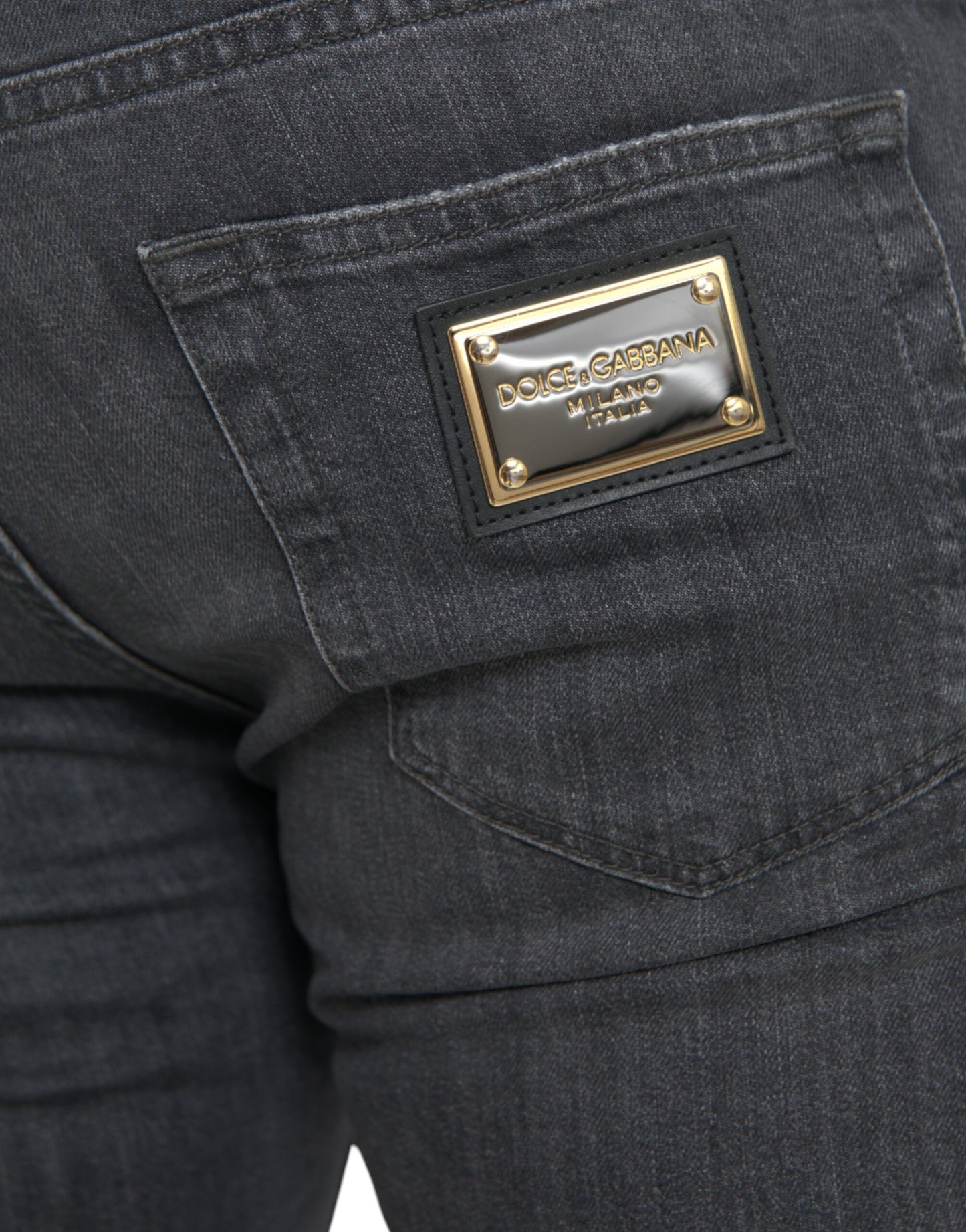 Gray Slim Fit Logo Plaque Cotton Denim Jeans