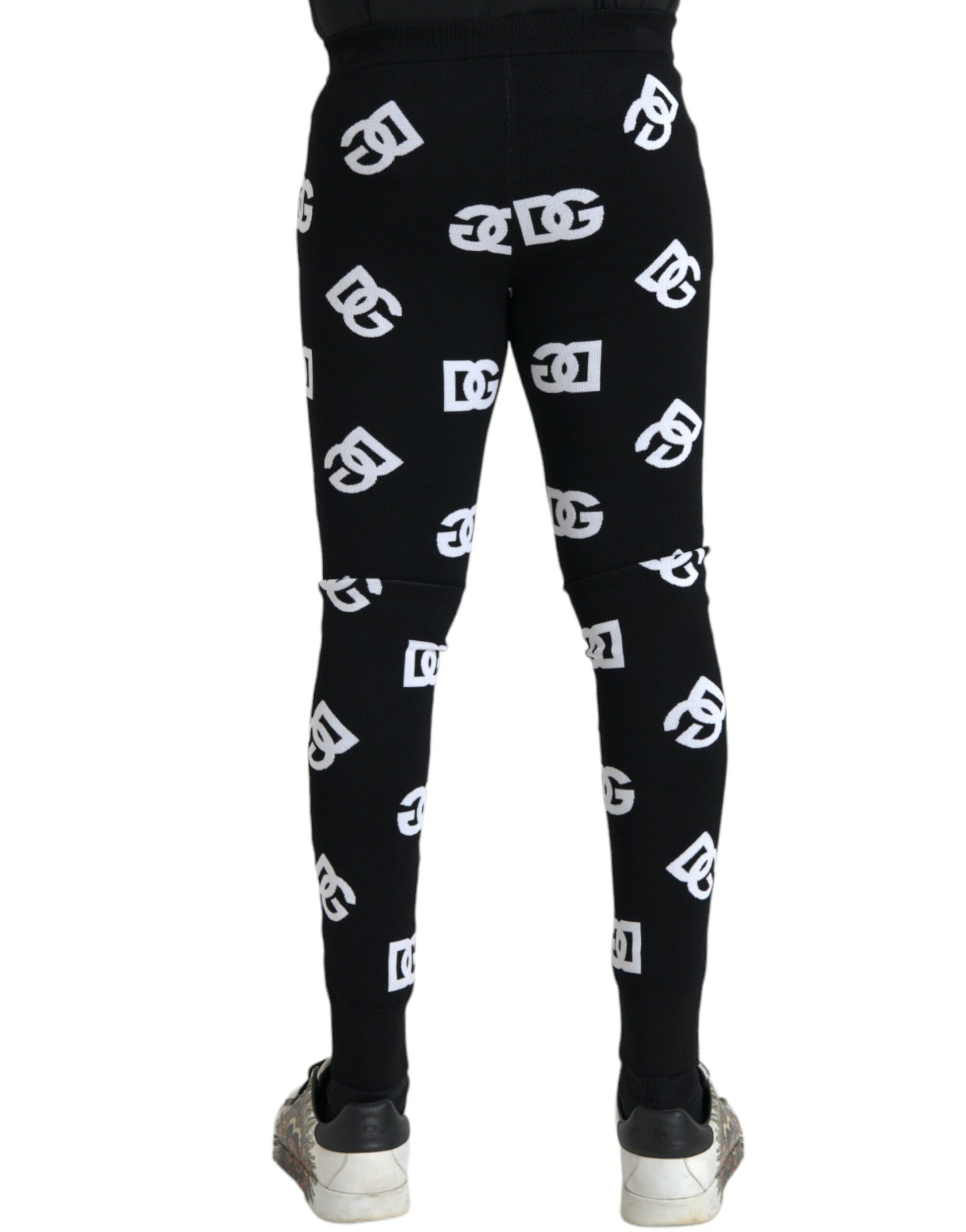 Black Viscose Skinny Men Leggings Logo Print Pants