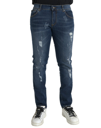 Blue Distressed Cotton Skinny Denim Jeans