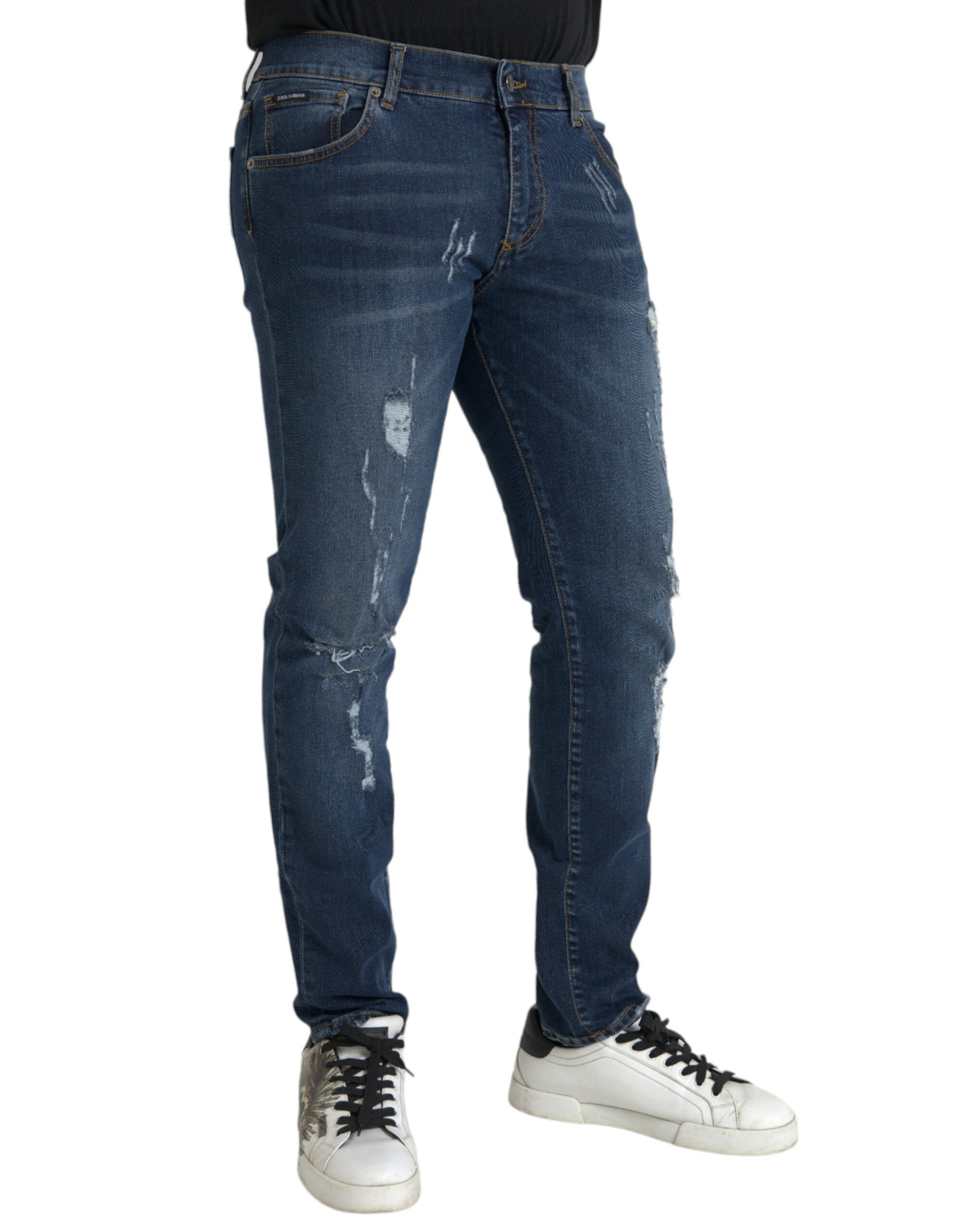 Blue Distressed Cotton Skinny Denim Jeans