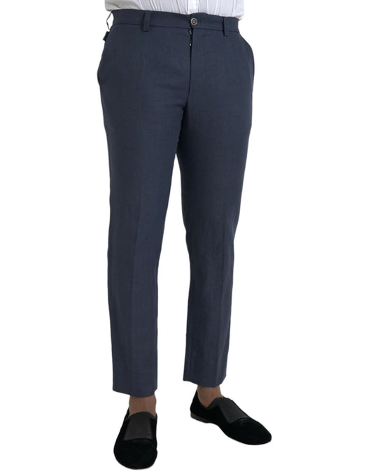 Navy Blue Linen Men Slim Dress Pants