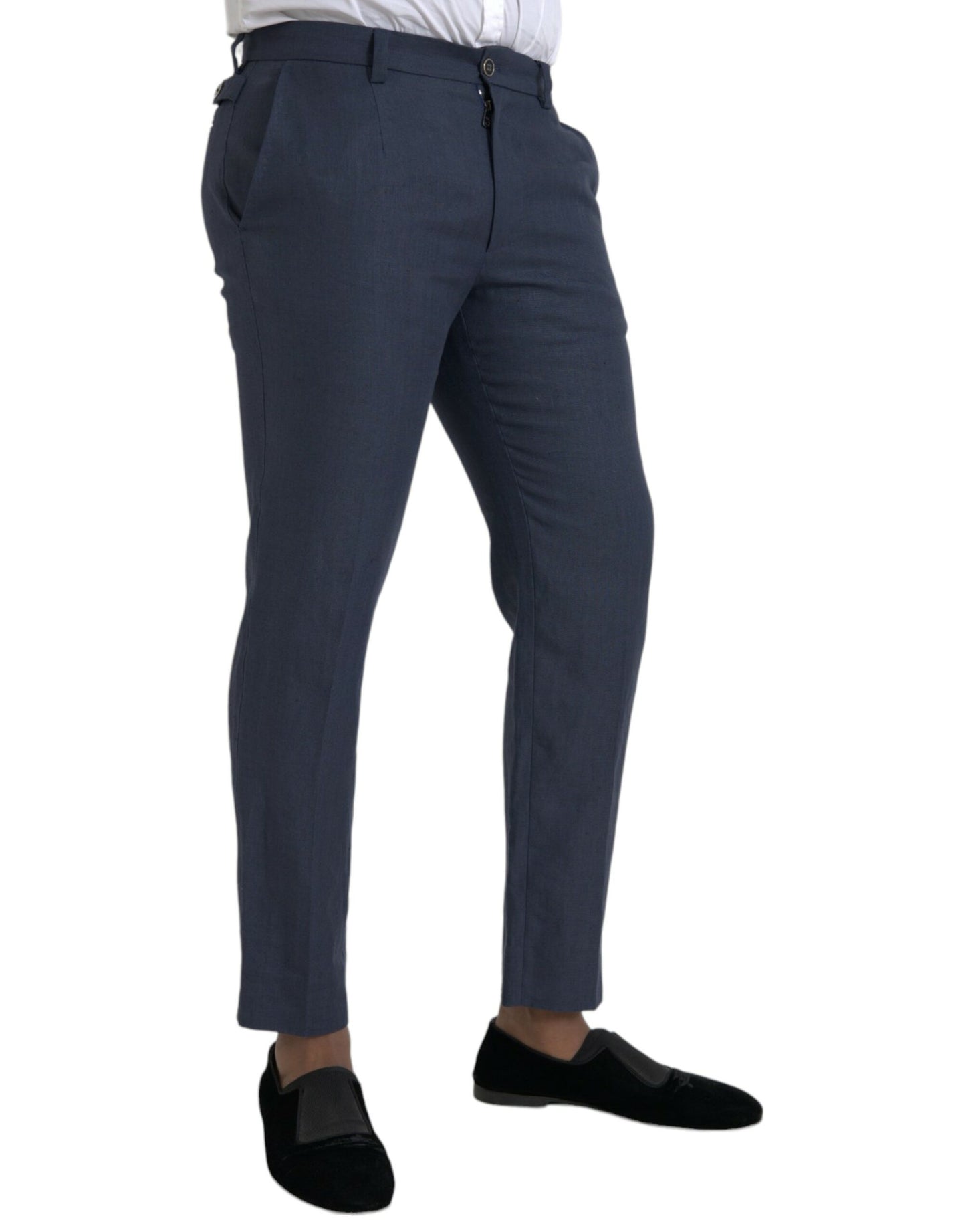 Navy Blue Linen Men Slim Dress Pants