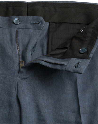 Blue Linen Silk Skinny Dress Pants