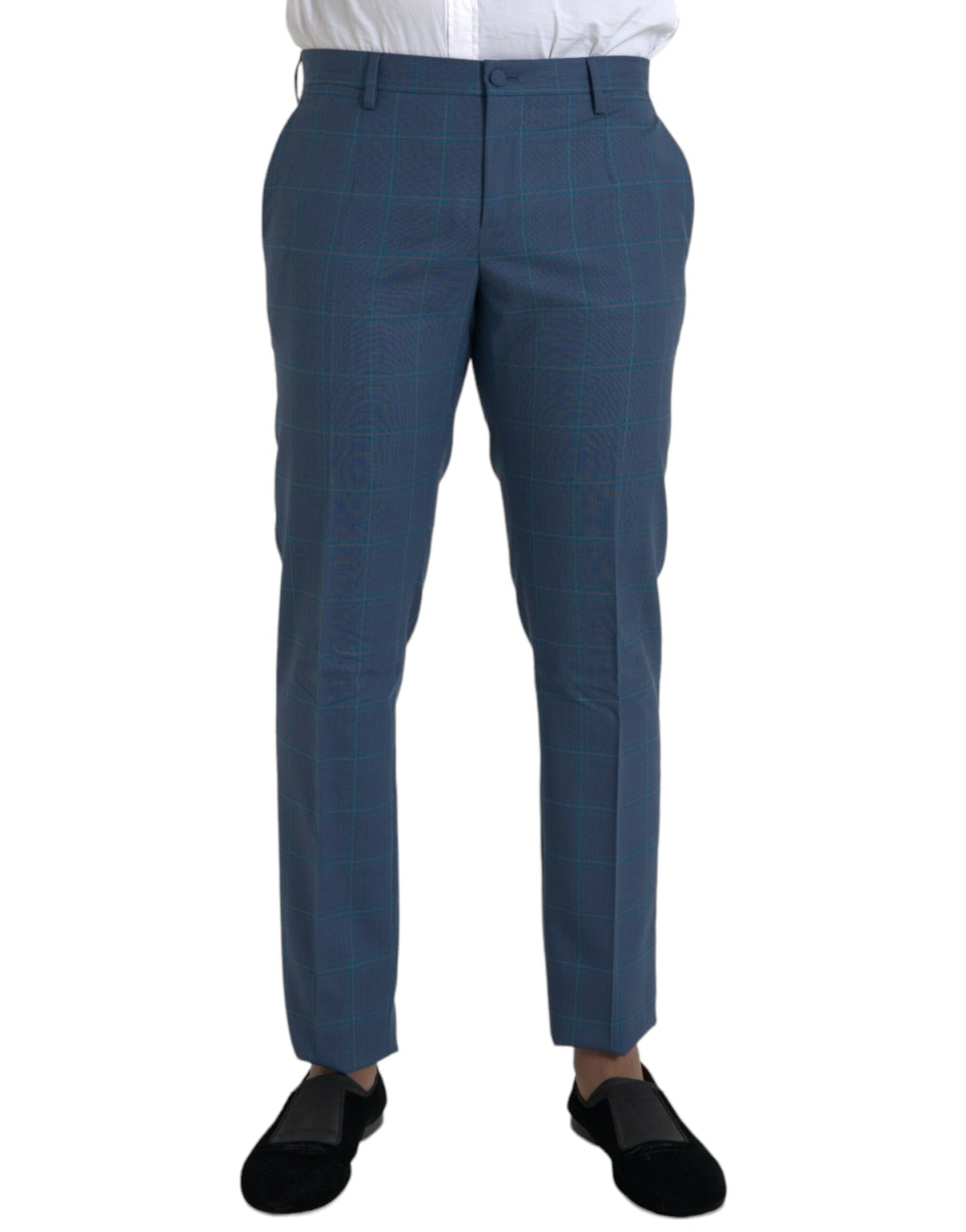 Blue Checkered Wool Men Dress Pants