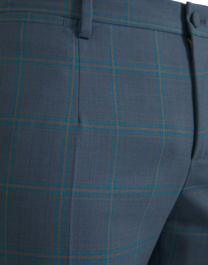 Blue Checkered Wool Men Dress Pants