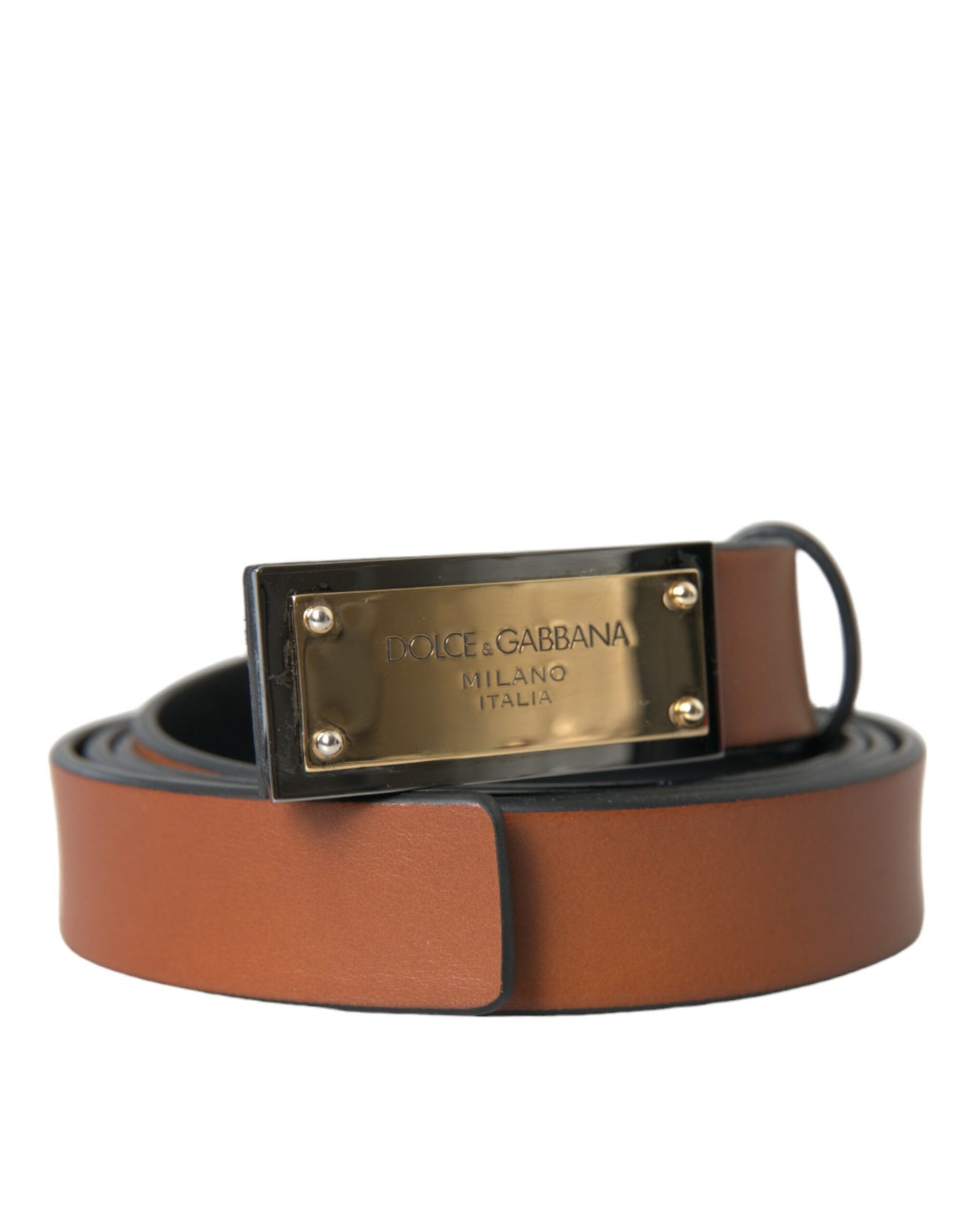 Brown Calf Leather Metal Logo Buckle Belt Men